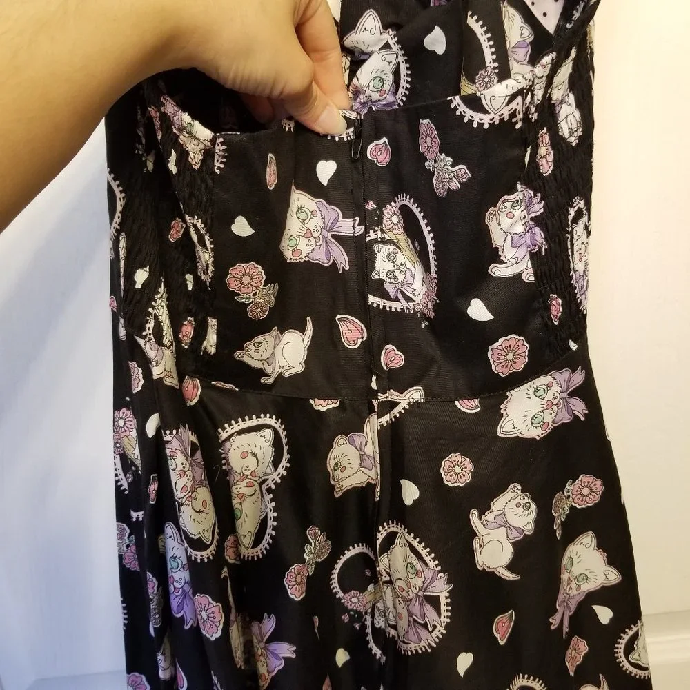 Hell Bunny Black Swing Dress with Pink and Cream Heart Motif
